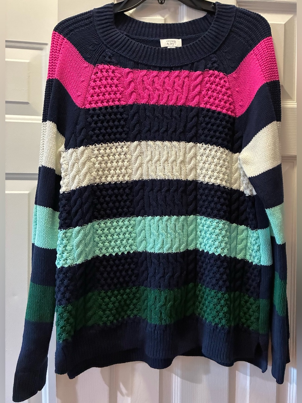 Cotton-acrylic Striped Sweater.  NWOT.  Size Medium. Navy Blue, Pink,Aqua, Green